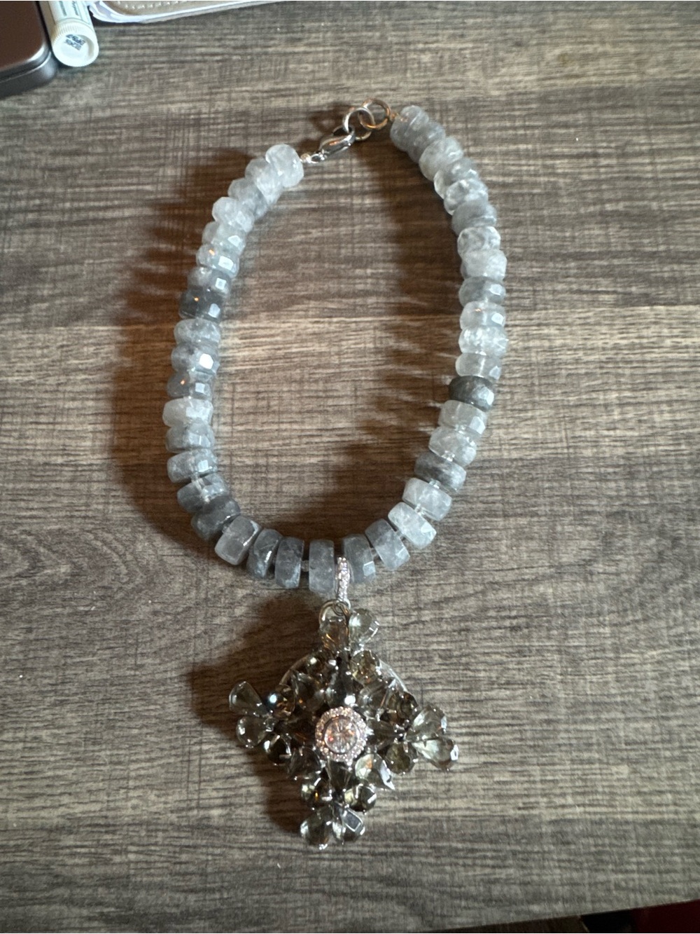 "Consigning Soon"  Gray Crystal Bead Necklace with Floral Pendant